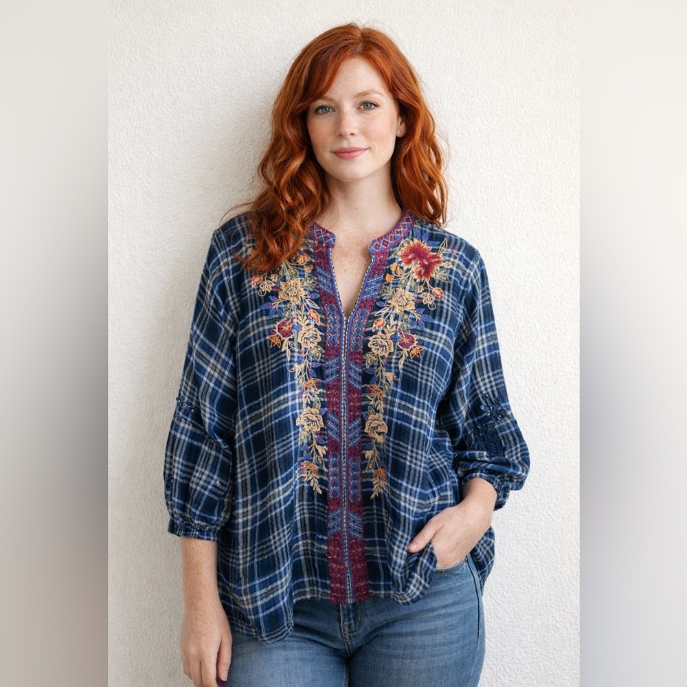 Johnny Was Workshop Embroidered Blue Plaid Eyelet Tunic Top